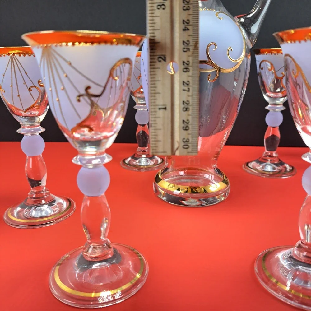 Murano Style Decanter Set Unisex OS Blue Excellent Gold Gilt 7pc Cordial Set